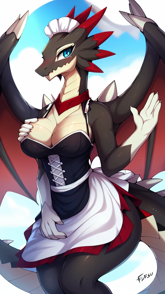 By zinfyu,by twistedscarlet60, uploaded on pixiv, by fluff-kevlar, (masterpiece), (best quality), (solo female:1.2), (extremely detailed:1.3),(detailed eye,black circle on eye,clear eye), sheou, Dragon, Dragon head, dragon wing, dragon tail, anthro dragon, close view, wearing maid dress, perfect circle breast, 