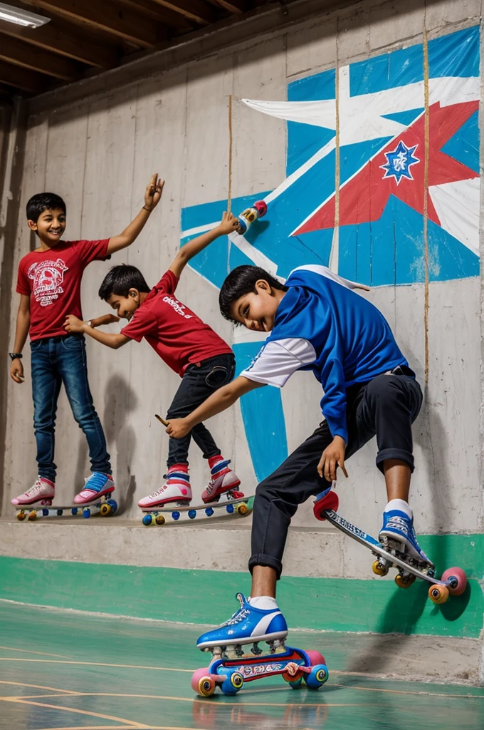 ((best quality)), ((masterpiece)), (detailed), perfect face boys and girls playing indoor blade roller skate in ahappy mood and write “arghakanchi skate park “ in the wall beside use flag of nepal