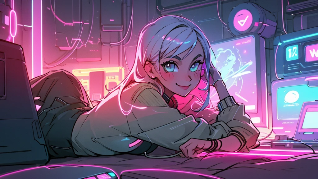 a beautiful woman smiling and having fun listens to electronic music in her room, close-up, wears modern casual clothes, LED and neon lighting, high definition, high resolution, intricate details, anime style 2d flat