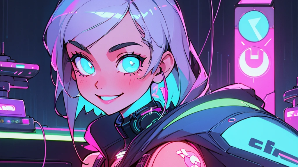 a beautiful woman smiling and having fun listens to electronic music in her room, close-up, wears modern casual clothes, LED and neon lighting, high definition, high resolution, intricate details, anime style 2d flat