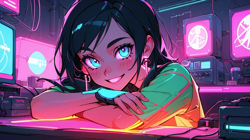 a beautiful woman smiling and having fun listens to electronic music in her room, close-up, wears modern casual clothes, LED and neon lighting, high definition, high resolution, intricate details, anime style 2d flat