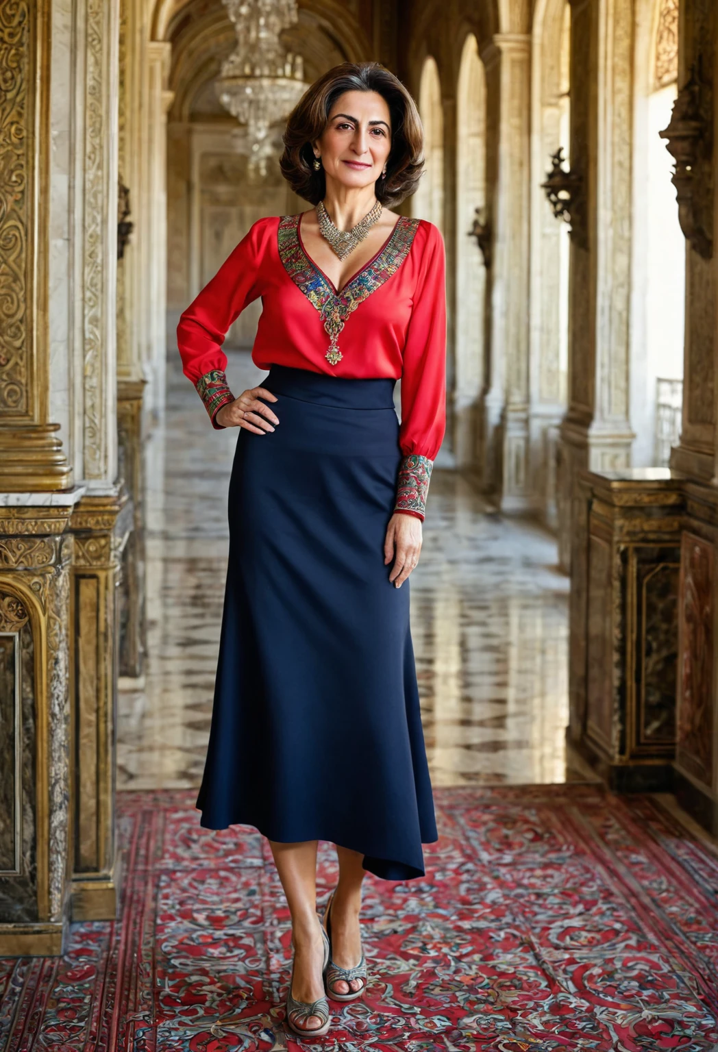 woman, age 45 years, Armenian, an aristocrat, Socialite, richly dressed, neckline, hip length skirt, in a palace, Barefoot,