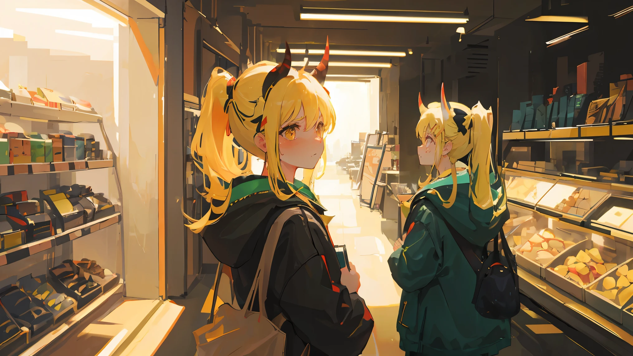 masterpiece, best quality, illustration, upper body, 1girl, looking at viewer, lime color hair, medium hair, olive color eyes, have ponytail hairstyle on her head, demon horns, black coat, indoors, dimly lit, 16k quality, >, colorful, best quality, no glitches on image, no override, have deep shadows, masterpiece, super detail, advanced quality for background and shadows, all body.
