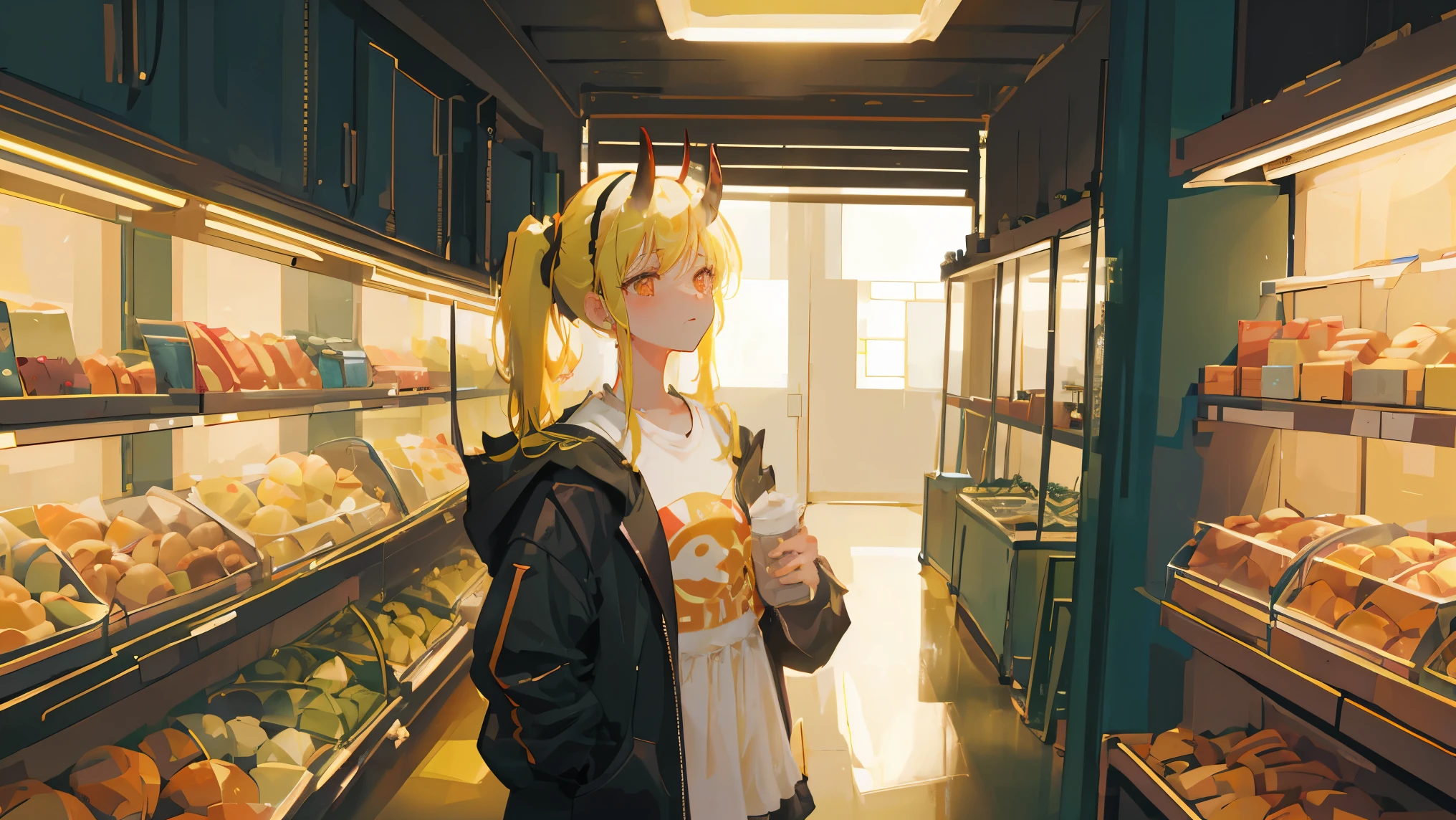 masterpiece, best quality, illustration, upper body, 1girl, looking at viewer, lime color hair, medium hair, olive color eyes, have ponytail hairstyle on her head, demon horns, black coat, indoors, dimly lit, 16k quality, >, colorful, best quality, no glitches on image, no override, have deep shadows, masterpiece, super detail, advanced quality for background and shadows, all body.