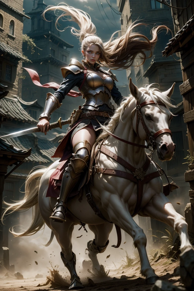 sexy swordsman knight woman riding on a horse on the battlefield