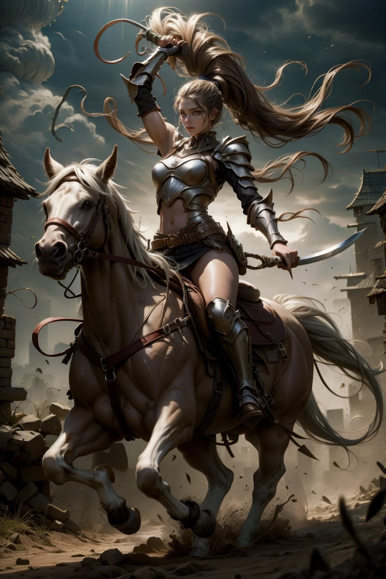 sexy swordsman knight woman riding on a horse on the battlefield