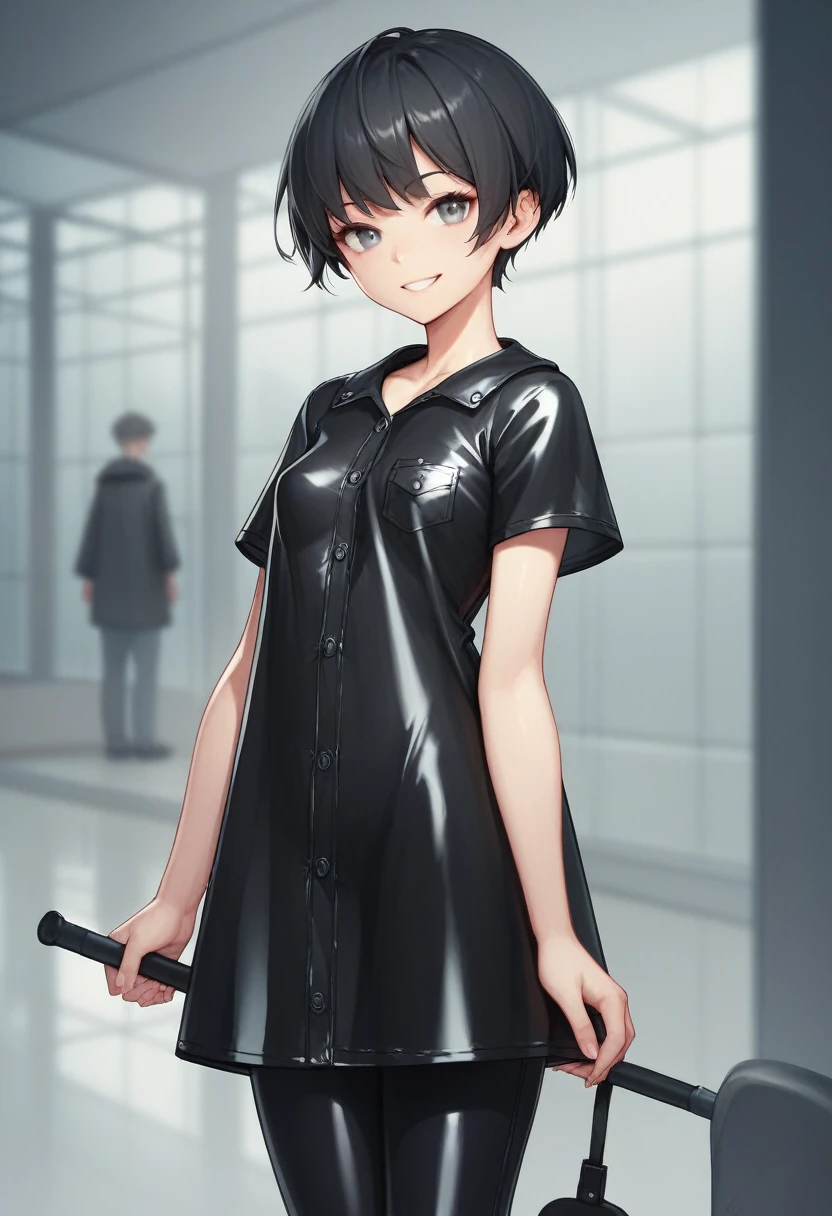 ((very tall girl)), 1 girl, full height, black very short hair, small breasts, in a long ((((black)))) leather raincoat, raincoat unbuttoned, small breasts, gray eyes, smiling, T-shirt and pants under the raincoat, holding a long shovel in his hand, 1 girl in the frame, black raincoat, 1 shovel