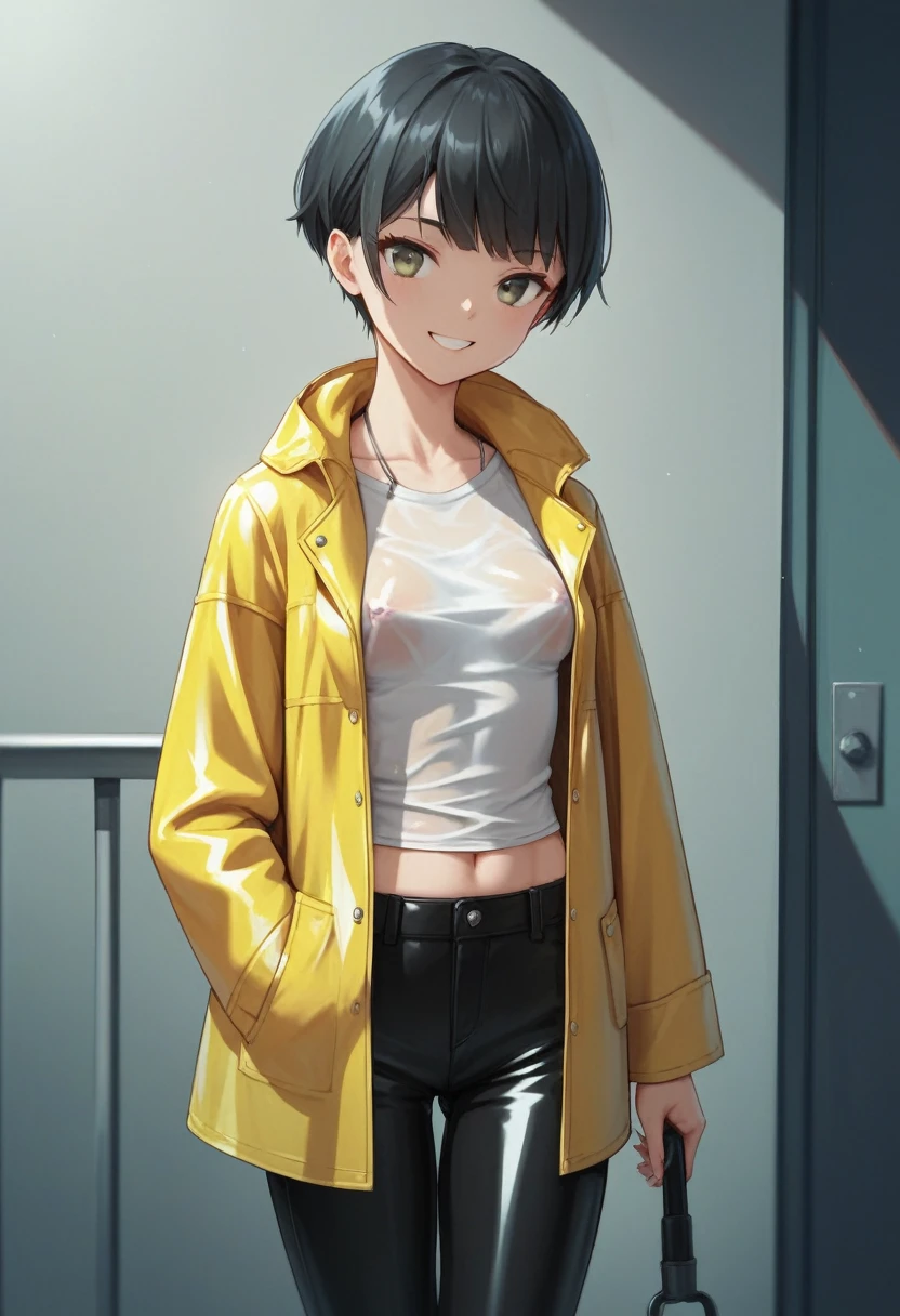 ((very tall girl)), 1 girl, full height, black very short hair, small breasts, in a long ((((black)))) leather raincoat, raincoat unbuttoned, small breasts, gray eyes, smiling, T-shirt and pants under the raincoat, holding a long shovel in his hand, 1 girl in the frame, black raincoat, 1 shovel