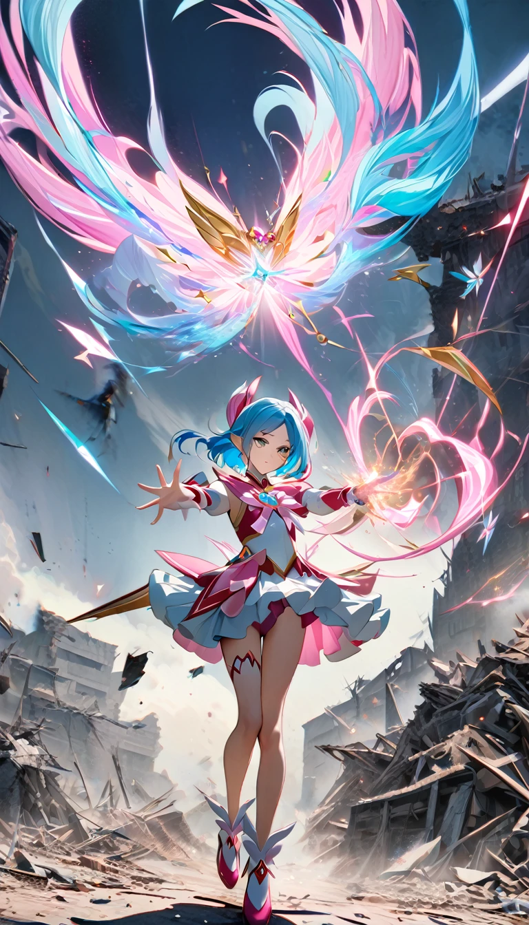 Portraiture, Long Hair, Blue Hair, Golden Eyes,  One Girl, head, face, Magical girl, Absurd, masterpiece, Highest quality, Magical girl costume, ((Magical girl)), short hair, Devastation, Remaining, Dynamic pose, Apocalypse, Casting a Spell, Style-Glass, Full Body Shot