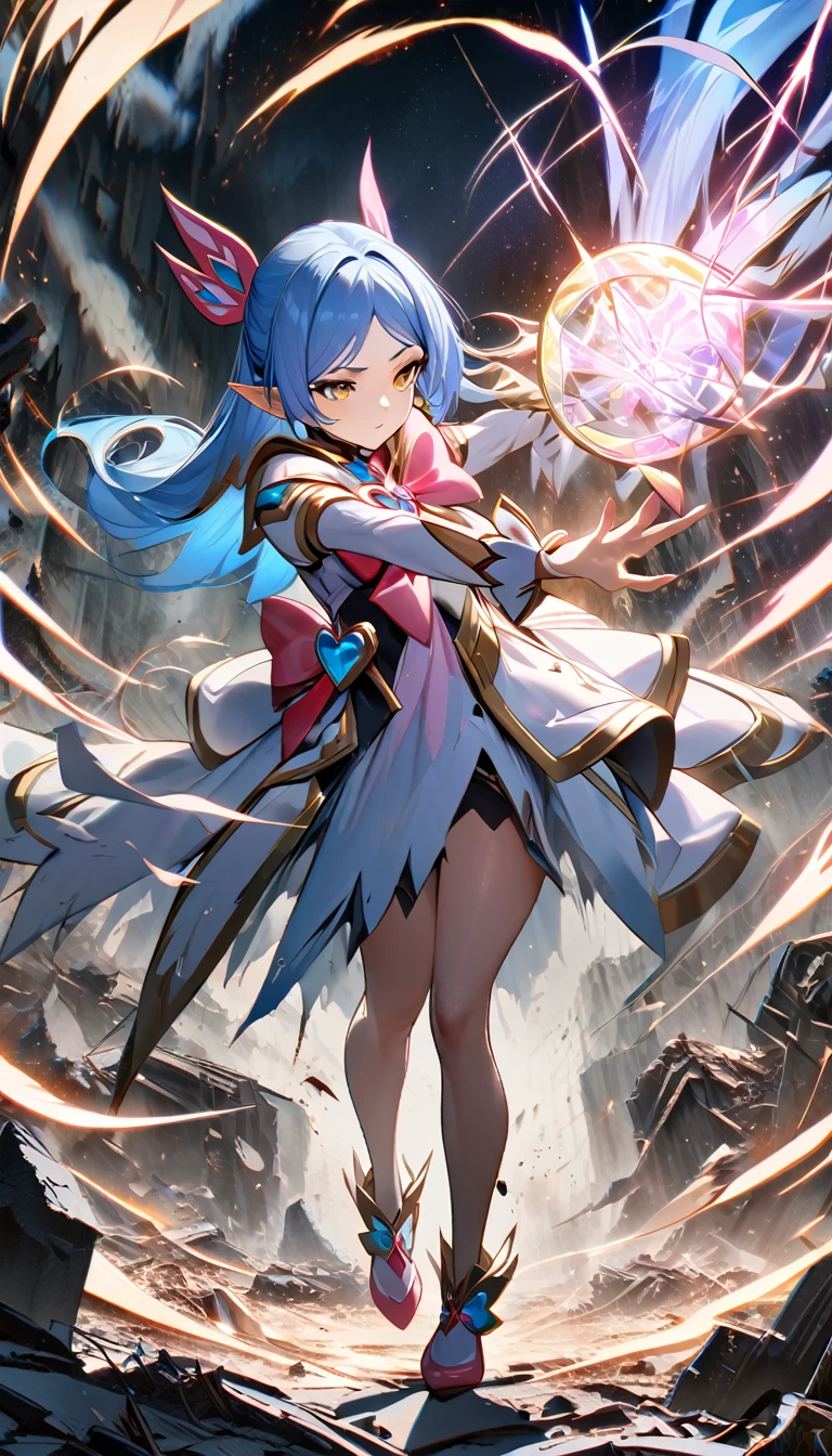 Portraiture, Long Hair, Blue Hair, Golden Eyes, One Girl, head, face, Magical girl, Absurd, masterpiece, Highest quality, Magical girl costume, ((Magical girl)), short hair, Devastation, Remaining, Dynamic pose, Apocalypse, Casting a Spell, Style-Glass, Full Body Shot