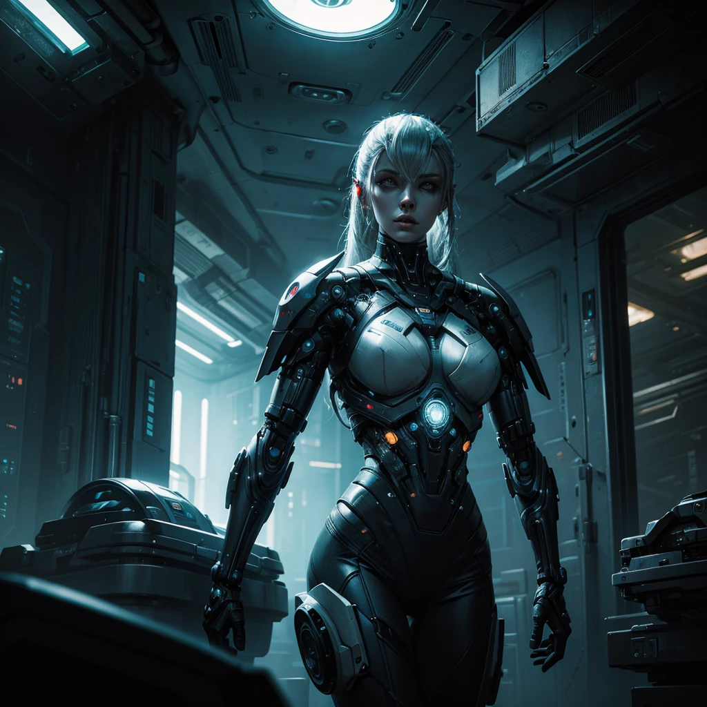 A cyberpunk woman with cybernetic implants, gray alien, abandoned spaceship, detailed technological instruments, dramatic lighting, cinematic composition, muted color palette, sci-fi atmosphere