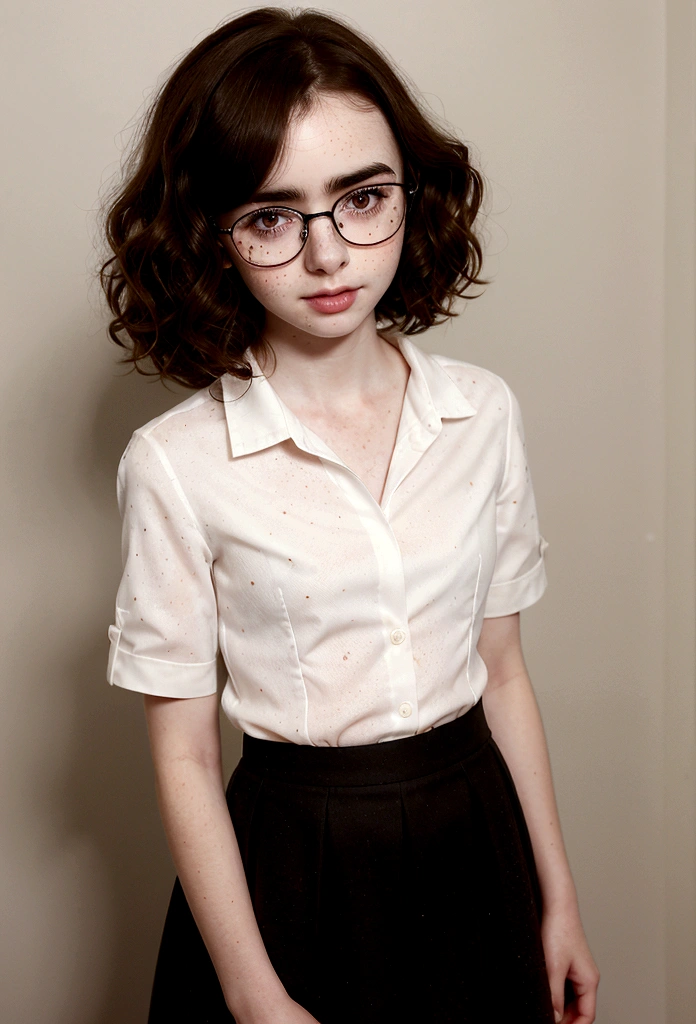 Lily Collins, (plain white short-sleeve formal shirt), (black cotton skirt),((13 years old, shoulder length messy curly dark brown hair, pale skin, face freckles, wears glasses)), Irish tween girl fitness model, full body picture, Detailed skin, Looking at Viewer, Perfect Style, (Selfie, from above)