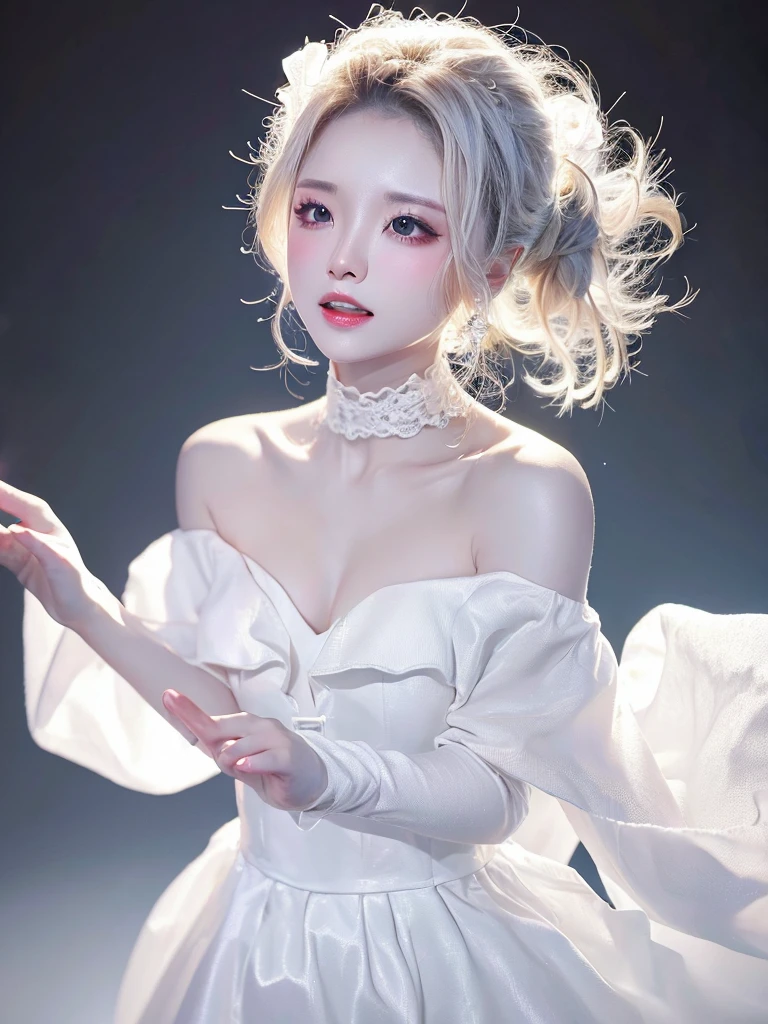 White Background、Professional Lighting、(((Professional Lighting 1.5)))、Translucent skin texture、Clear Skin、Beautiful Skin、、Off the shoulder、White Dress、Ecstasy of Musical Notes、Slim body type