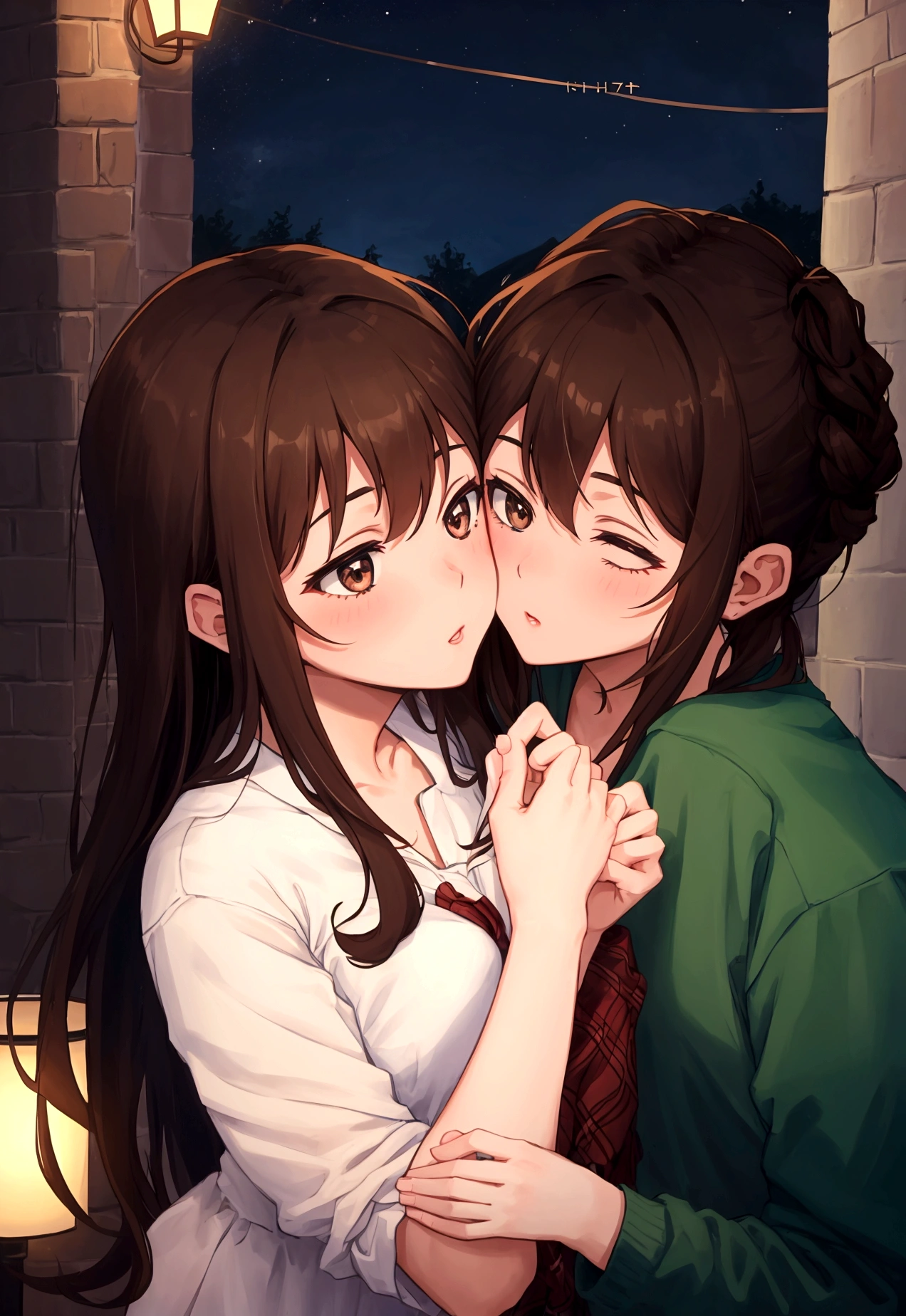 a couple kissing , male and female, brown hair, night time
