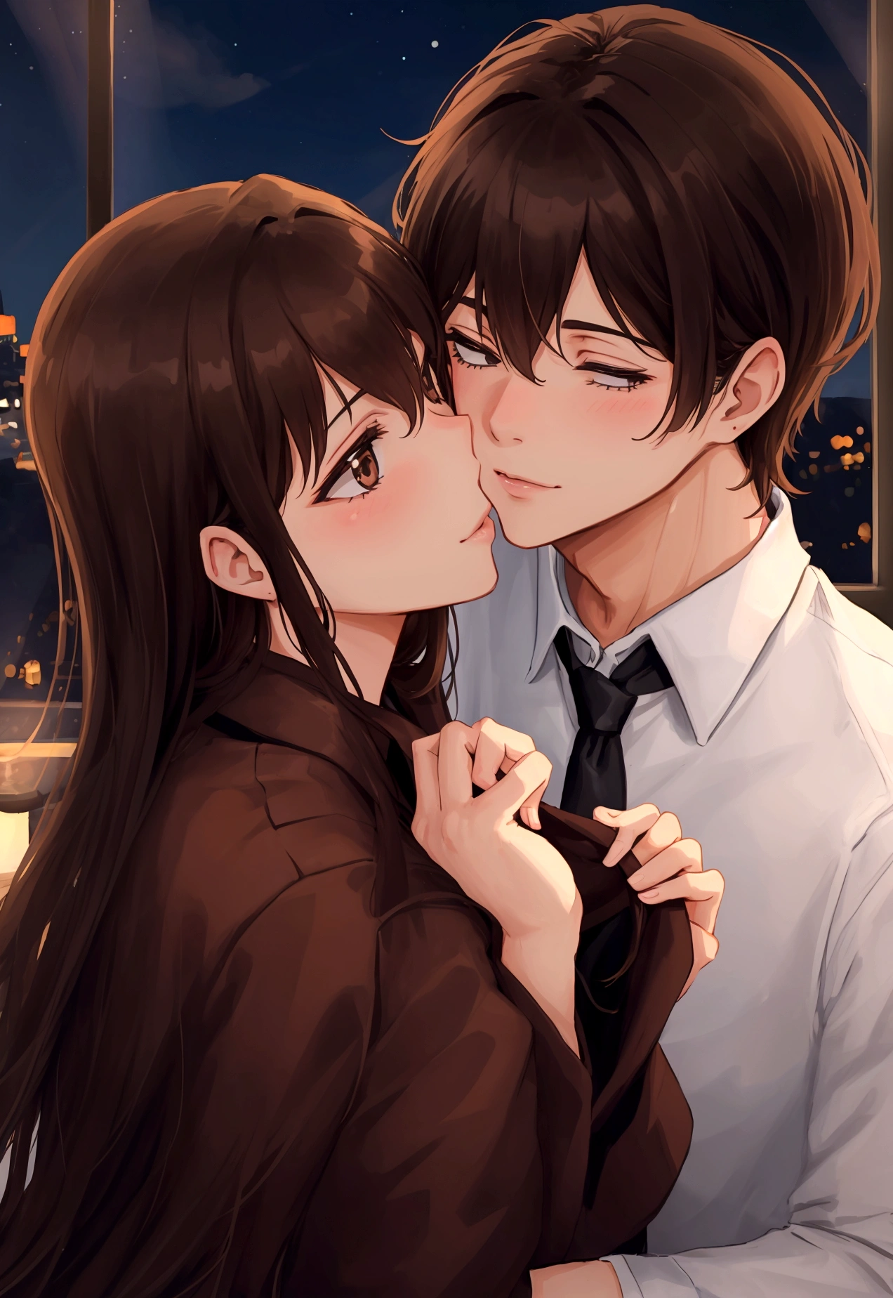 a couple kissing , male and female, brown hair, night time