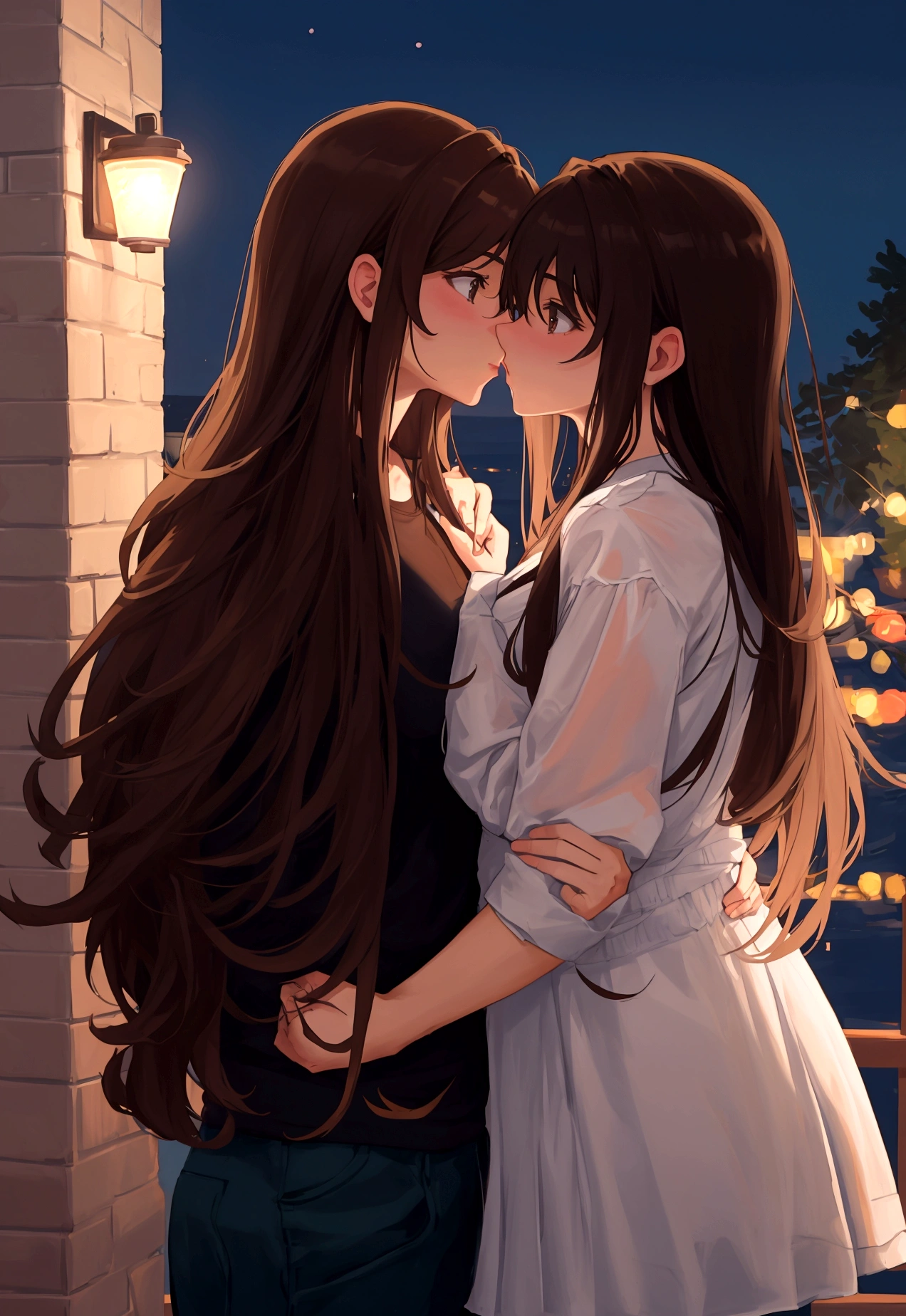 a couple kissing , male and female, brown hair, night time