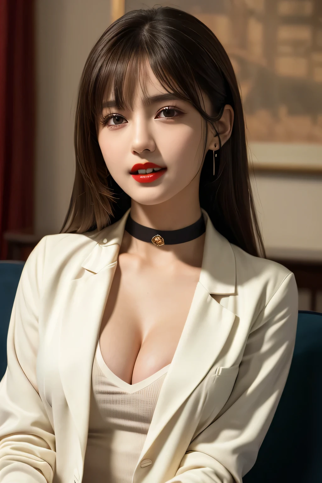 (Highest quality, masterpiece:1.3, Ultra-high resolution), (Very detailed, Caustics), (Realistic:1.4, RAW shooting), Ultra-Realistic Capture, Very detailed,High resolution 16k, Human skin close-up, The skin texture is natural, It must be detailed enough to be easily identifiable, Skin should look healthy and have an even tone, Use natural light and color, ((Ivory white blouse、blazer:1.4)), ((the body is slim)), girl, Japanese, 18-year-old, cute, Straight Long Hair, Big Breasts, smile, Turn your body forward, (View from the front:1.1), Looking into the camera, Light brown hair, ((Black Choker)), Very long and bushy eyelashes, blue eyes, bangs, Big Breasts, Red lips, ((lounge)), Vampire Fangs:1.2、Vampire's tooth、tooth,Bright lighting、Bright interior