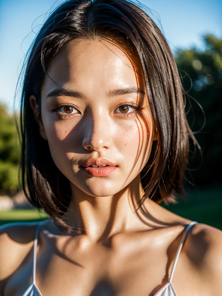 {top-quality}, {{masterpiece}}, {extremely delicate and beautiful},Outstanding light and shadow, highly detailed wallpaper,Clear and bright sunlight,1girl in,lightly dressed、Gaze staring at the sky,red blush,Strong sunshine,delicate and messy hair,realistic skin textures, Pronounced pores and skin wrinkles, pool side,((strong light shines on the face)), toned hips
