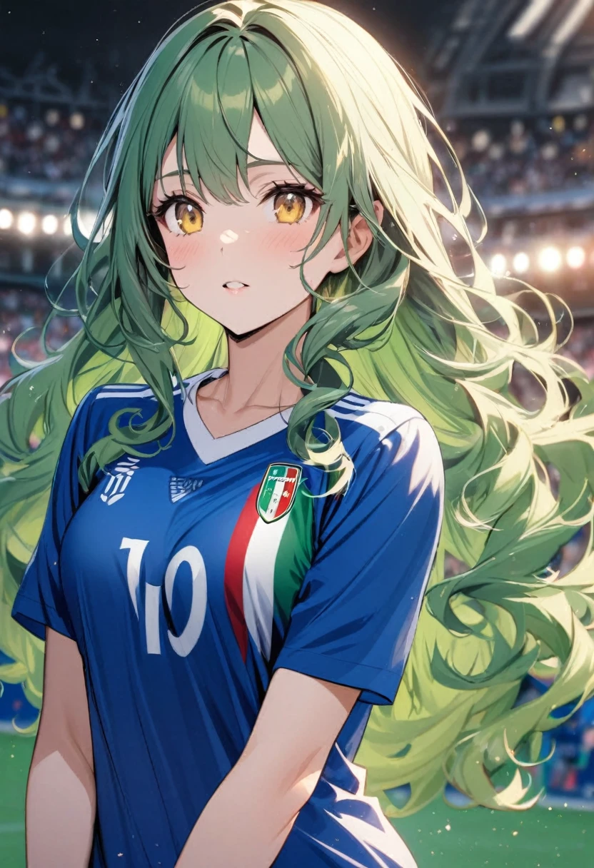 girl, beautiful, curly hair, long hair, yellow eyes, green hair, soccer shirt, italy soccer shirt