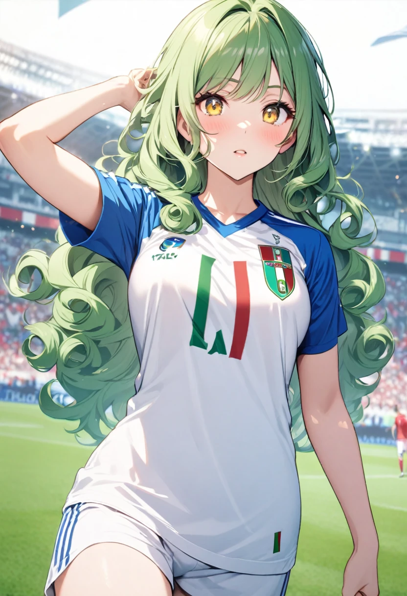 girl, beautiful, curly hair, long hair, yellow eyes, green hair, soccer shirt, italy soccer shirt