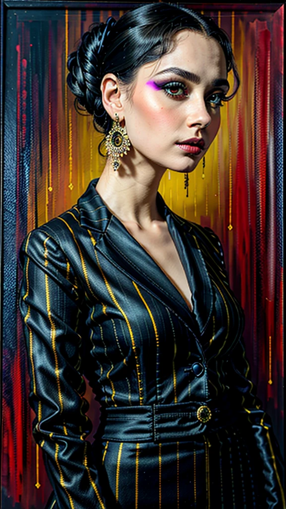 A captivating dark fantasy painting featuring a young woman with striking features, large expressive eyes, and dark hair styled in an elegant updo. Her bold makeup contrasts with her pinstriped suit and tie, while her ornate earrings add a touch of flair. She stands confidently in the center of the frame, surrounded by intricate patterns and vibrant colors that blend seamlessly with the dark, mysterious background. The overall atmosphere of the painting exudes a sense of power and allure.