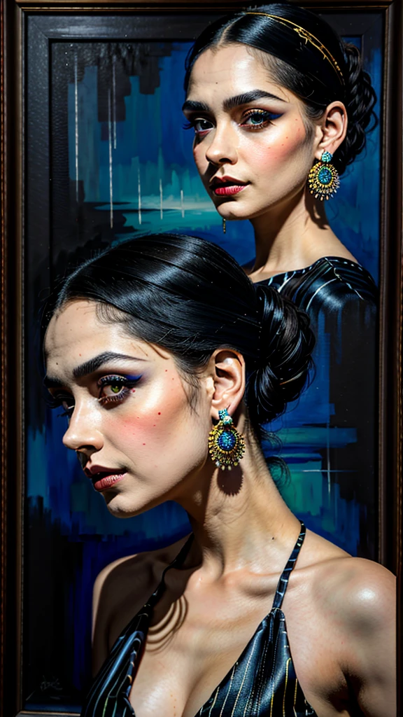 A captivating dark fantasy painting featuring a young woman with striking features, large expressive eyes, and dark hair styled in an elegant updo. Her bold makeup contrasts with her pinstriped suit and tie, while her ornate earrings add a touch of flair. She stands confidently in the center of the frame, surrounded by intricate patterns and vibrant colors that blend seamlessly with the dark, mysterious background. The overall atmosphere of the painting exudes a sense of power and allure.