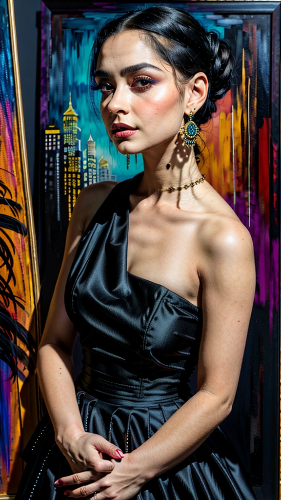 A captivating dark fantasy painting featuring a young woman with striking features, large expressive eyes, and dark hair styled in an elegant updo. Her bold makeup contrasts with her pinstriped suit and tie, while her ornate earrings add a touch of flair. She stands confidently in the center of the frame, surrounded by intricate patterns and vibrant colors that blend seamlessly with the dark, mysterious background. The overall atmosphere of the painting exudes a sense of power and allure.