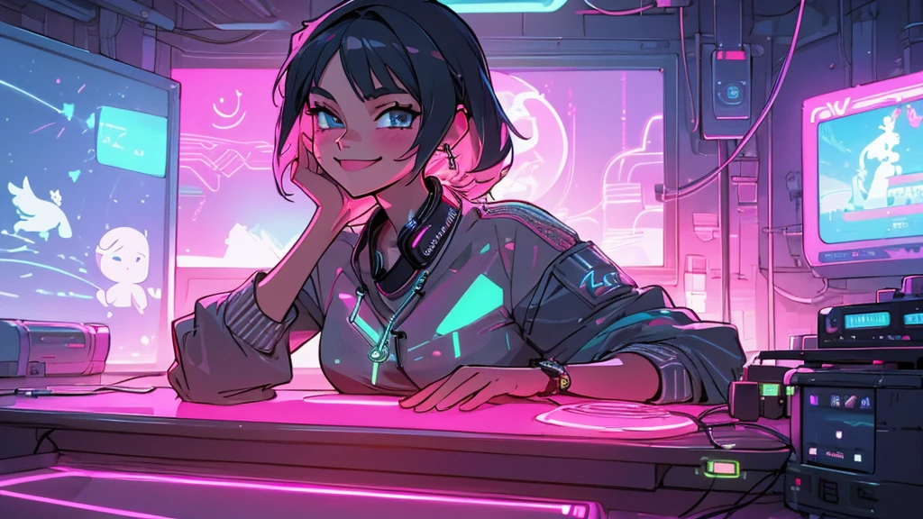 a beautiful woman smiling and having fun listens to electronic music in her room, close-up, wears modern casual clothes, LED and neon lighting, high definition, high resolution, intricate details, anime style 2d flat