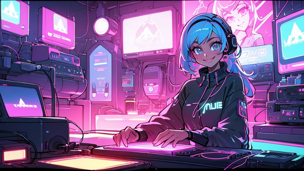 a beautiful woman smiling and having fun listens to electronic music in her room, close-up, wears modern casual clothes, LED and neon lighting, high definition, high resolution, intricate details, anime style 2d flat