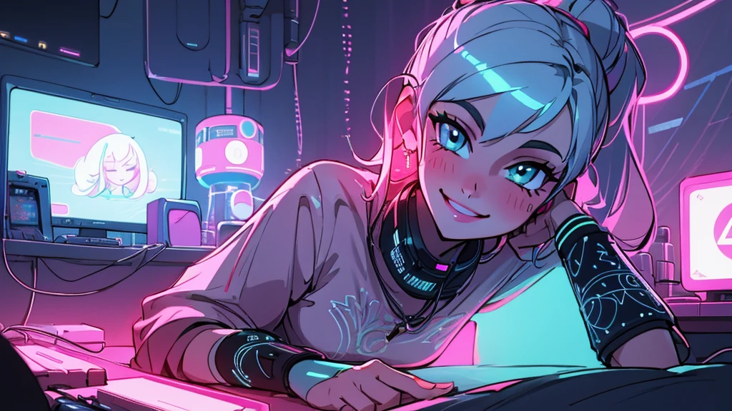 a beautiful woman smiling and having fun listens to electronic music in her room, close-up, wears modern casual clothes, LED and neon lighting, high definition, high resolution, intricate details, anime style 2d flat