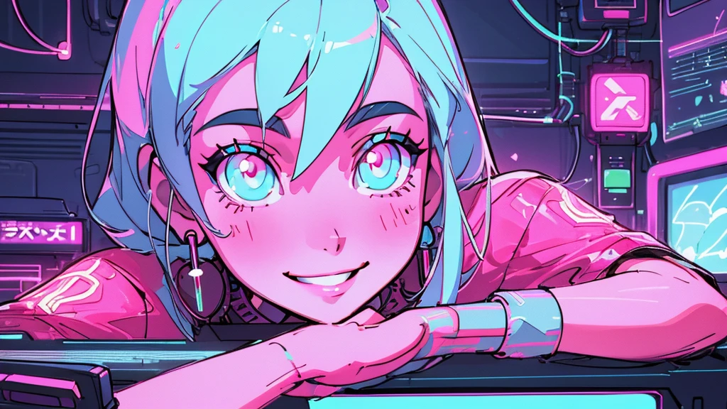 a beautiful woman smiling and having fun listens to electronic music in her room, close-up, wears modern casual clothes, LED and neon lighting, high definition, high resolution, intricate details, anime style 2d flat