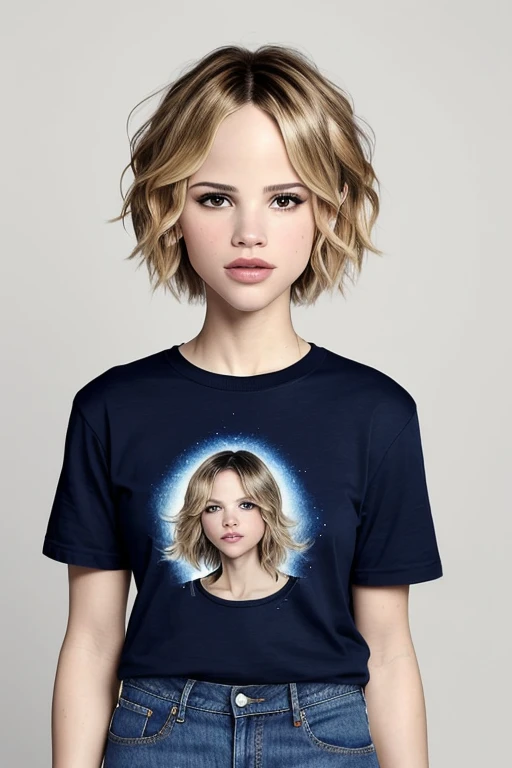 headshot photo of photo of HalstonSage, focus on face, wearing a tshirt and jeans , her hair is styled as fluffy pixie,