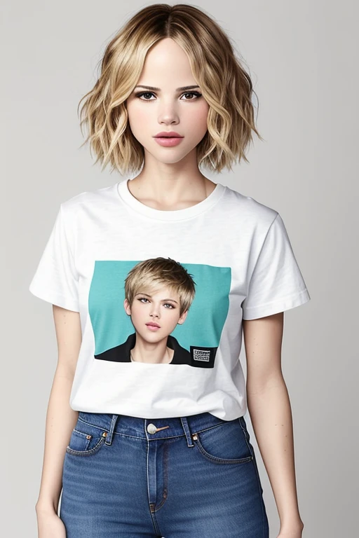 headshot photo of photo of HalstonSage, focus on face, wearing a tshirt and jeans , her hair is styled as fluffy pixie,