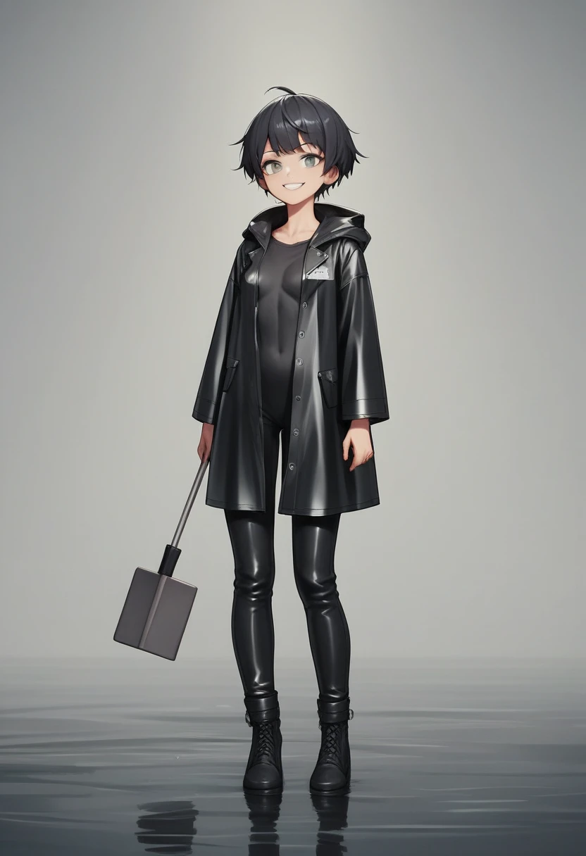 ((very tall girl)), 1 girl, full height, black very short hair, small breasts, in a long ((((black)))) leather raincoat, raincoat unbuttoned, small breasts, gray eyes, smiling, T-shirt and pants under the raincoat, holding a long shovel in his hand, 1 girl in the frame, black raincoat, 1 shovel