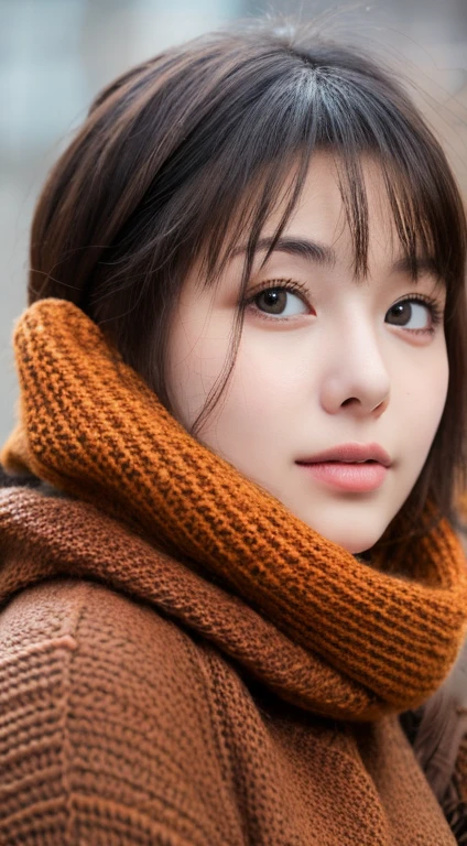 Mikasa, 19 year old young woman, Best quality, High resolution, Short hair, Black eyes, see viewer, brown sweater, wearing red scarf , Highest quality, high resolution