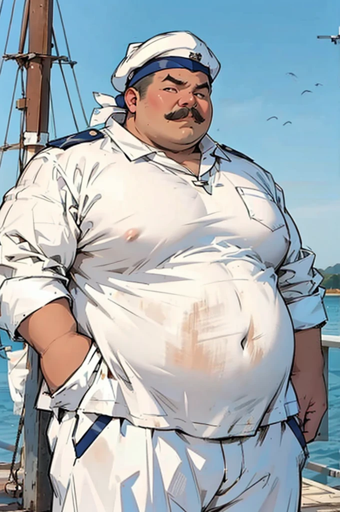 sailor，White clothes and hat，overweight，obesity，on board，Look into the distance，high quality，high-definition，masterpiece，Moustache，Pink Areola，