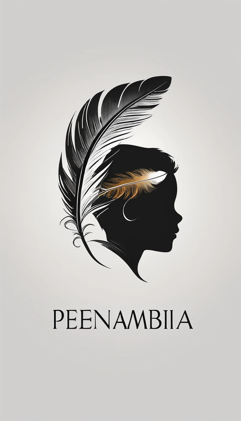 A minimalist, fantastic, poetic, dreamy, captivating, memorable, masterpiece, modern, simple logo design of a boy and a feather for the brand “Penamemoria". The logo must convey a sense of music, stories and dreams. Minimalistic logo design of a boy and a feather.