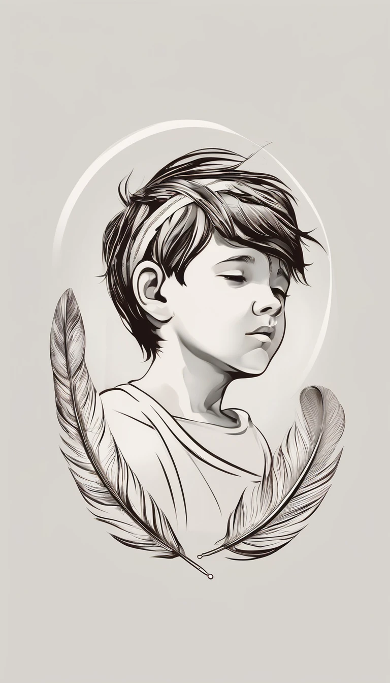 A minimalist, fantastic, poetic, dreamy, captivating, memorable, masterpiece, modern, simple logo design of a boy and a feather for the brand “Penamemoria". The logo must convey a sense of music, stories and dreams. Minimalistic logo design of a boy and a feather.