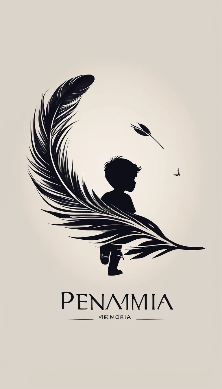 A minimalist, fantastic, poetic, dreamy, captivating, memorable, masterpiece, modern, simple logo design of a boy and a feather for the brand “Penamemoria". The logo must convey a sense of music, stories and dreams. Minimalistic logo design of a boy and a feather.