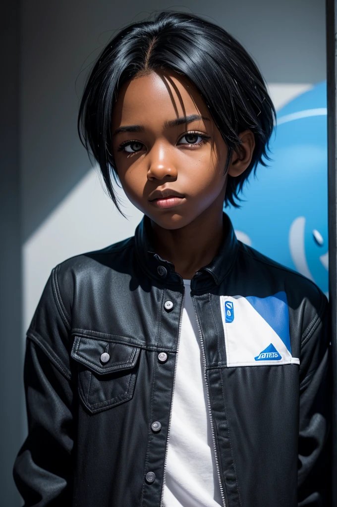 Black boy with black eyes black hair six years old blue Sonic character flannel