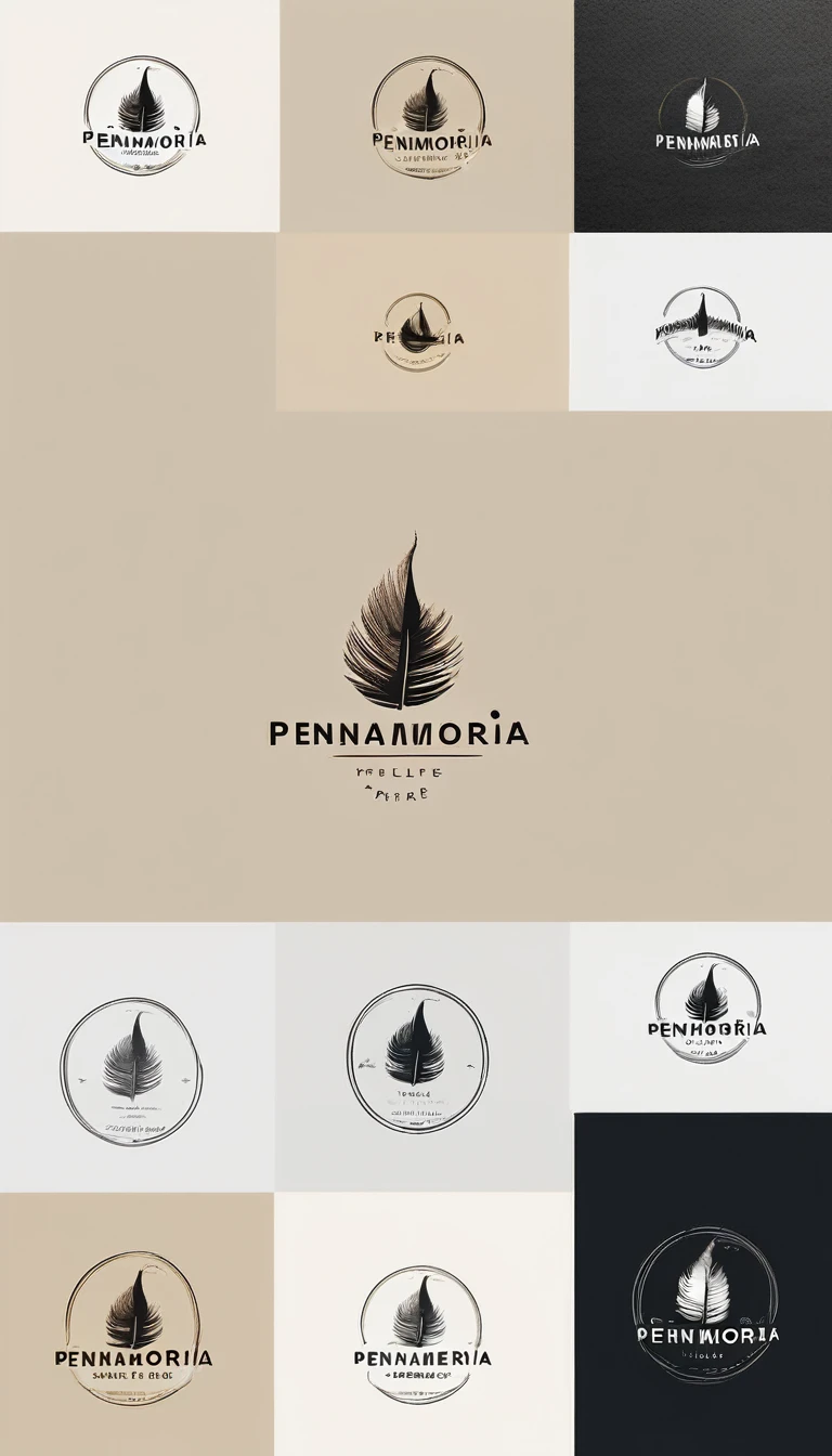 A minimal, modern, simple, cinematic logotype for the brand “Penamemoria". The logotype must be a simple, magical feather and a boy playing acoustic guitar. The logo must convey a sense of music, stories and dreams. Logo design impressed on a book cover. Minimalistic logo
