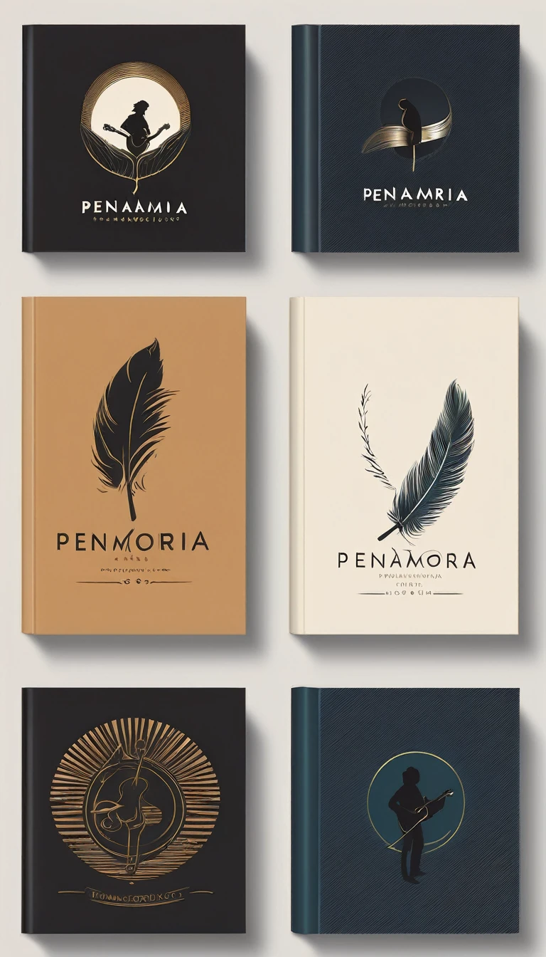 A minimal, modern, simple, cinematic logotype for the brand “Penamemoria". The logotype must be a simple, magical feather and a boy playing acoustic guitar. The logo must convey a sense of music, stories and dreams. Logo design impressed on a book cover. Minimalistic logo