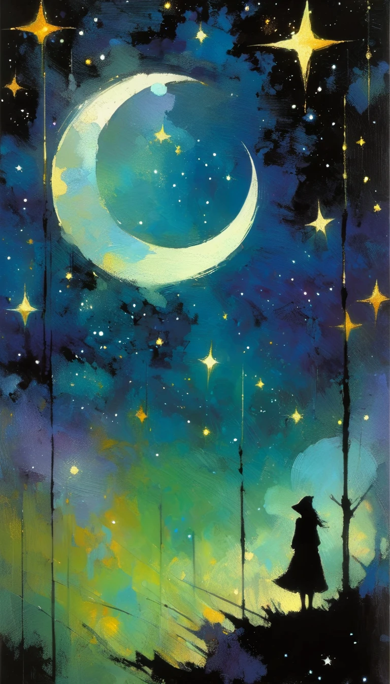 magic, fantastic, night sky, moon, stars, background, (simple oil painting in a style to Bill Sienkiewicz)