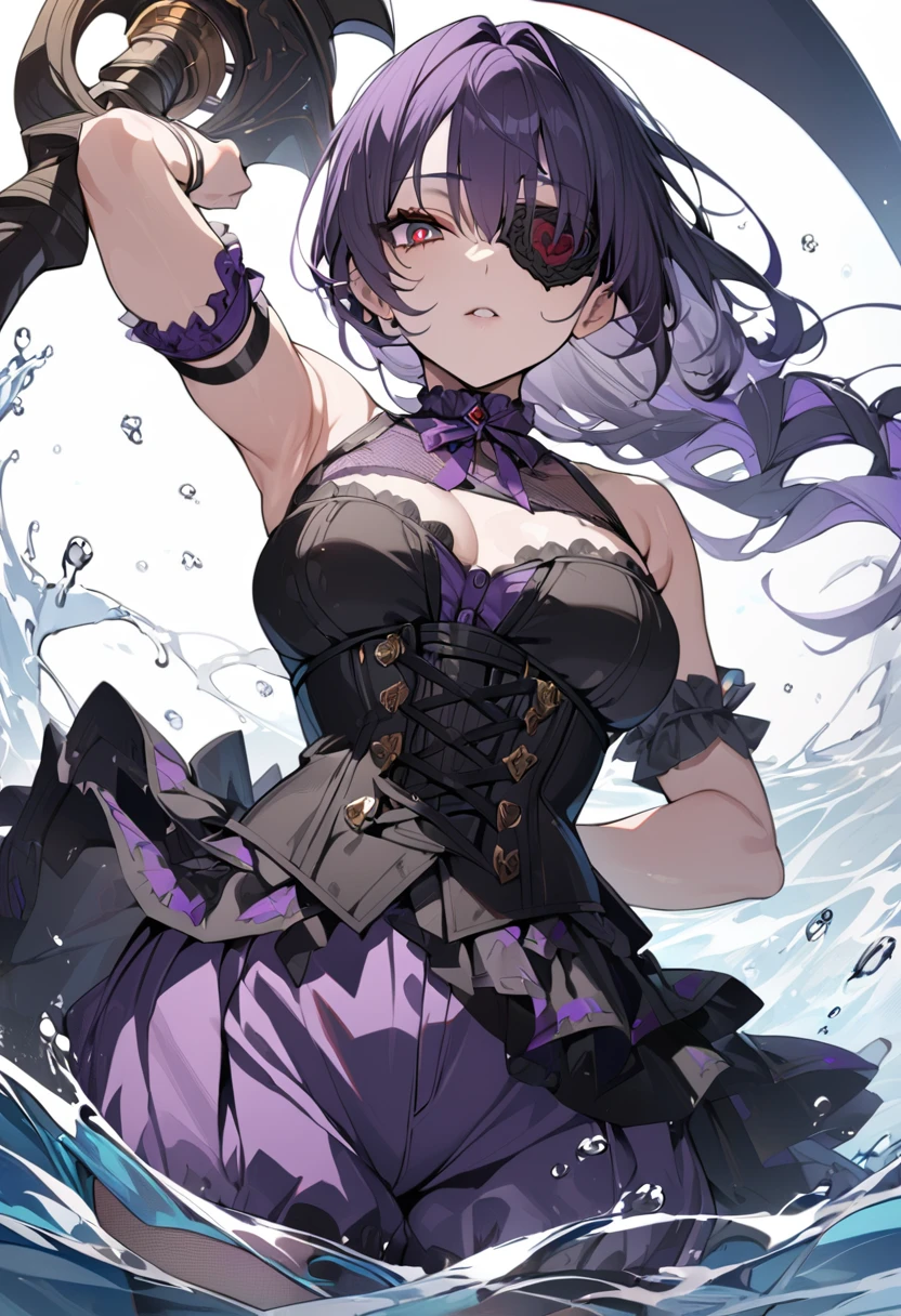 1 girl, masterpiece, best quality, fair skin, purple mesh, red pupils, corset, culottes, black scythe, black rose eyepatch, water, anime