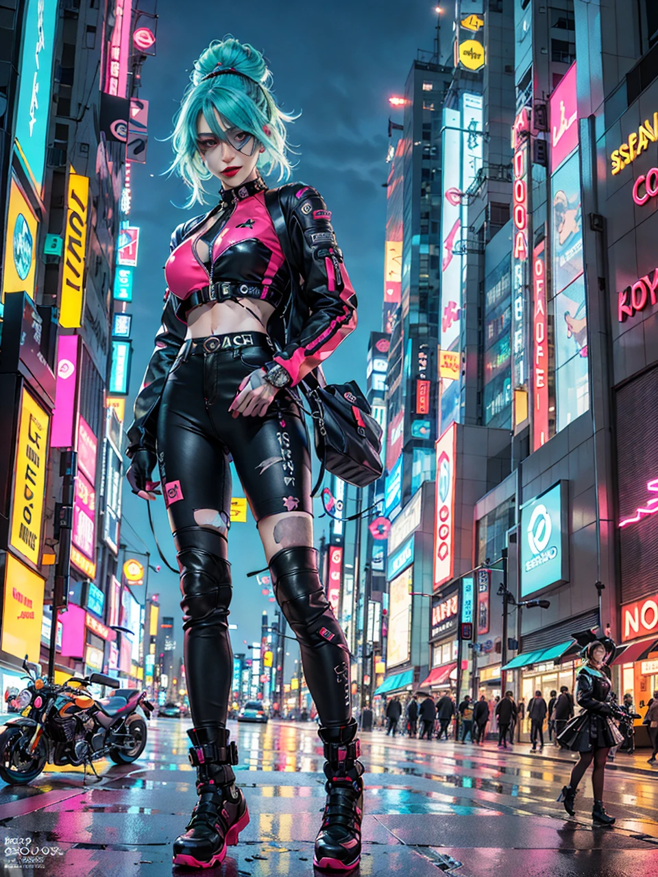 masterpiece, best quality, Confident cyberpunk girl, full body shot, ((standing in front of motorcycle)), Harajuku-inspired pop outfit, bold colors and patterns, eye-catching accessories, trendy and innovative hairstyle, vibrant makeup, Cyberpunk dazzling cityscape, skyscrapers, neon signs, LED lights, bright and vivid color scheme, anime, illustration, detailed skin texture, detailed cloth texture, beautiful detailed face, intricate details, ultra detailed.