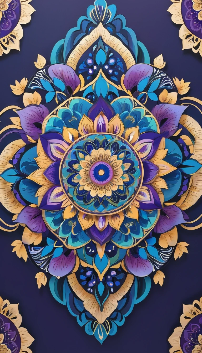 Create a detailed mandala art piece featuring intricate patterns and geometric designs. Use a dark background to highlight the vibrant colors of the mandala, including shades of blue, purple, and gold. Incorporate floral motifs and symmetrical shapes to enhance the complexity and beauty of the artwork.