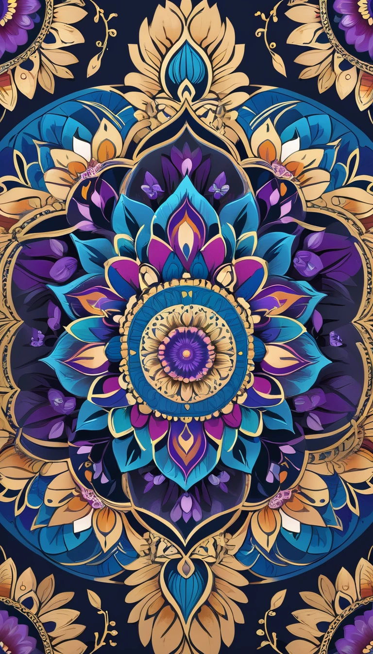 Create a detailed mandala art piece featuring intricate patterns and geometric designs. Use a dark background to highlight the vibrant colors of the mandala, including shades of blue, purple, and gold. Incorporate floral motifs and symmetrical shapes to enhance the complexity and beauty of the artwork.
