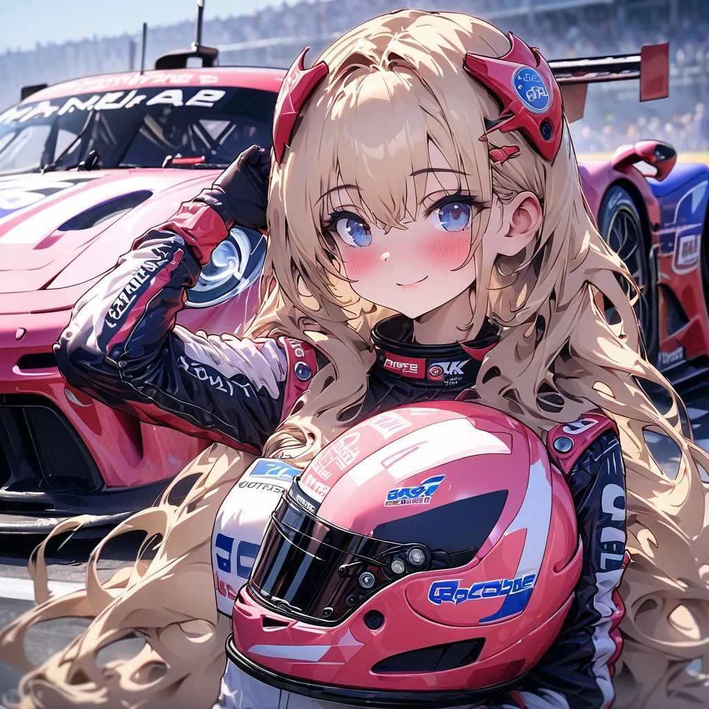High resolution digital CG image, a beautiful futuristic girl is posing in front of a Porsche 911 ,The girl has long hair with a mixture of blonde hair and blue eye.She is wearing a black suit , The pink color racing car is a Porsche 911 car ,look back, (holding a full face type pink helmet under her arm :1.2)、striking a cool pose next to her car.、Cybertic expression of the future, the texture of beautiful hair, the luster of skin, the beauty of eyes, the luster and texture of a racing suit, the beauty of the racing car body and mechanical expression,(master piece4k, 8k,best quality1.2)ultra detail