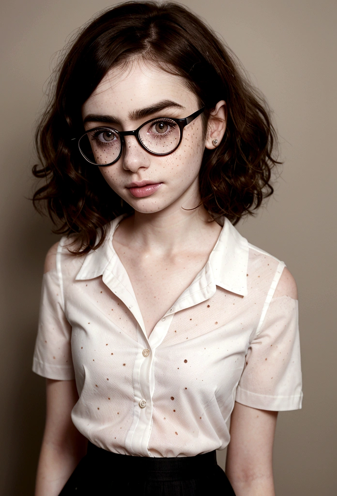 Lily Collins, (plain white short-sleeve formal shirt), (black cotton skirt),((, shoulder length messy curly dark brown hair, pale skin, face freckles, wears glasses)), Irish tween girl fitness model, full body picture, Detailed skin, Looking at Viewer, Perfect Style, (Selfie, from above)