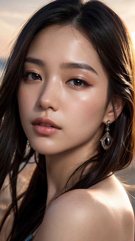 ((Surreal、Super detailed image, maybe a photo.,Captures the details of the skin texture of an incredibly beautiful woman.))free area, sunset light,long black hair。